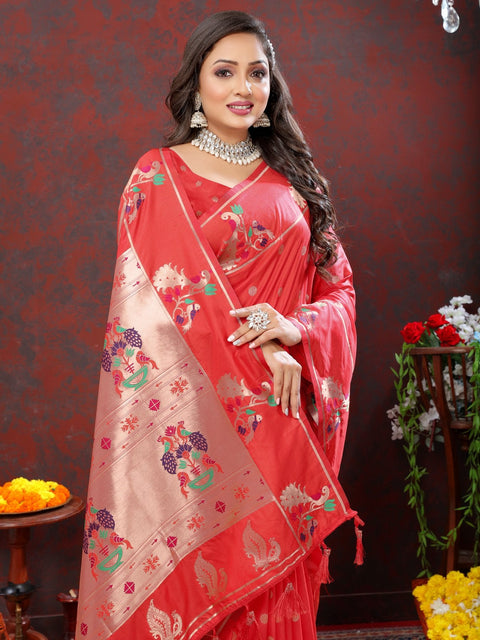 VastraLakshmi Exuberant Red Paithani Silk Saree With Lustrous Blouse Piece