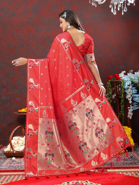 VastraLakshmi Exuberant Red Paithani Silk Saree With Lustrous Blouse Piece