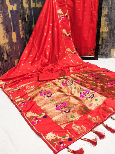 VastraLakshmi Exuberant Red Paithani Silk Saree With Lustrous Blouse Piece