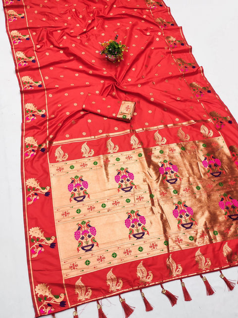 VastraLakshmi Exuberant Red Paithani Silk Saree With Lustrous Blouse Piece