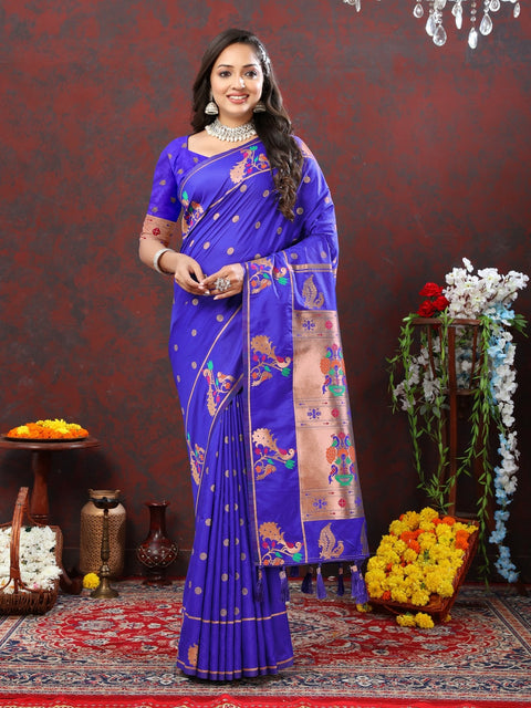 VastraLakshmi Symmetrical Royal Blue Paithani Silk Saree With Beguiling Blouse Piece