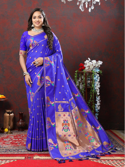 VastraLakshmi Symmetrical Royal Blue Paithani Silk Saree With Beguiling Blouse Piece