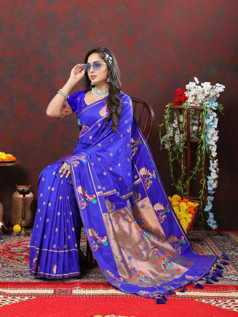 VastraLakshmi Symmetrical Royal Blue Paithani Silk Saree With Beguiling Blouse Piece