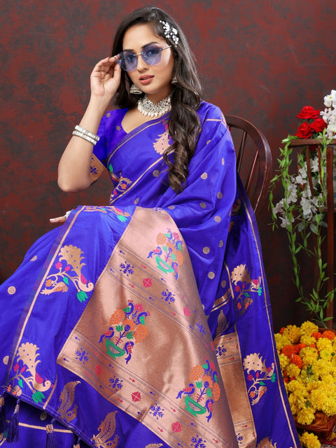 VastraLakshmi Symmetrical Royal Blue Paithani Silk Saree With Beguiling Blouse Piece