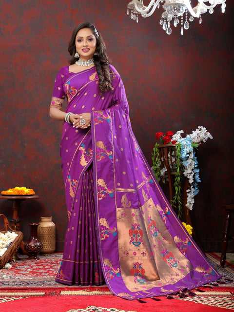 VastraLakshmi Panoply Wine Paithani Silk Saree With Vibrant Blouse Piece