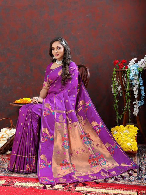 VastraLakshmi Panoply Wine Paithani Silk Saree With Vibrant Blouse Piece