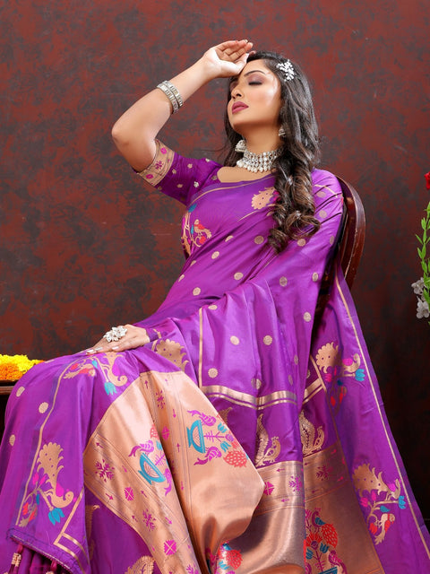 VastraLakshmi Panoply Wine Paithani Silk Saree With Vibrant Blouse Piece