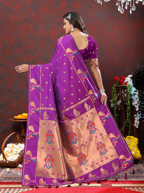 VastraLakshmi Panoply Wine Paithani Silk Saree With Vibrant Blouse Piece