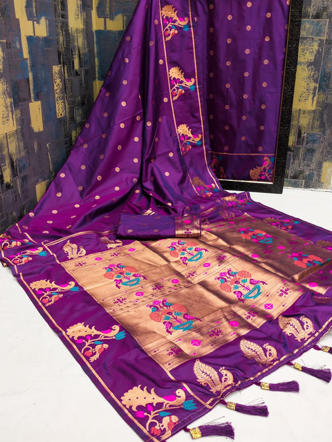 VastraLakshmi Panoply Wine Paithani Silk Saree With Vibrant Blouse Piece