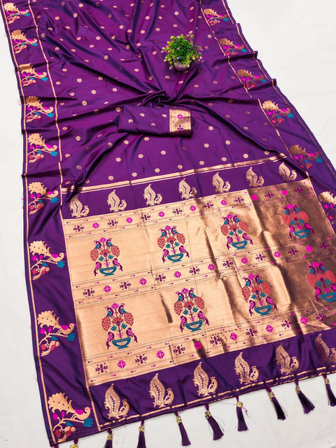 VastraLakshmi Panoply Wine Paithani Silk Saree With Vibrant Blouse Piece