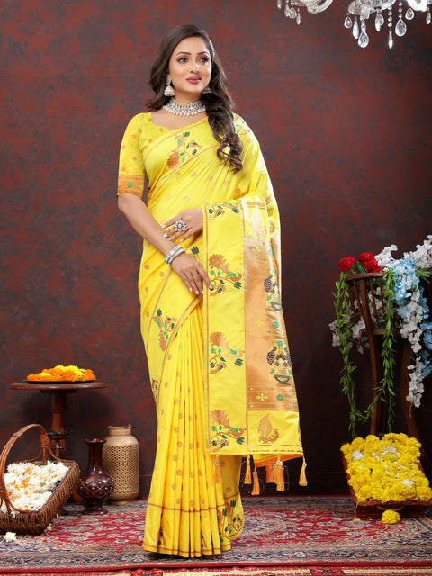 VastraLakshmi Epiphany Yellow Paithani Silk Saree With Allure Blouse Piece