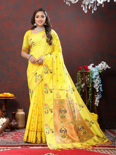 VastraLakshmi Epiphany Yellow Paithani Silk Saree With Allure Blouse Piece