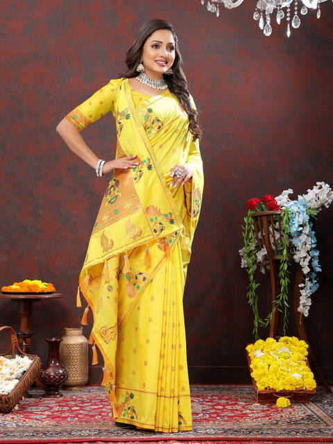 VastraLakshmi Epiphany Yellow Paithani Silk Saree With Allure Blouse Piece