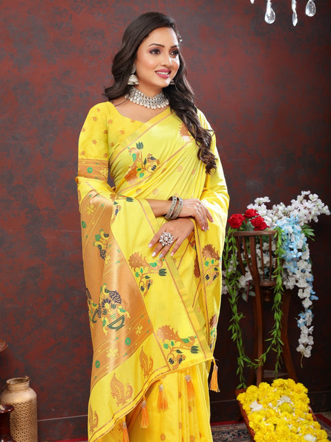 VastraLakshmi Epiphany Yellow Paithani Silk Saree With Allure Blouse Piece