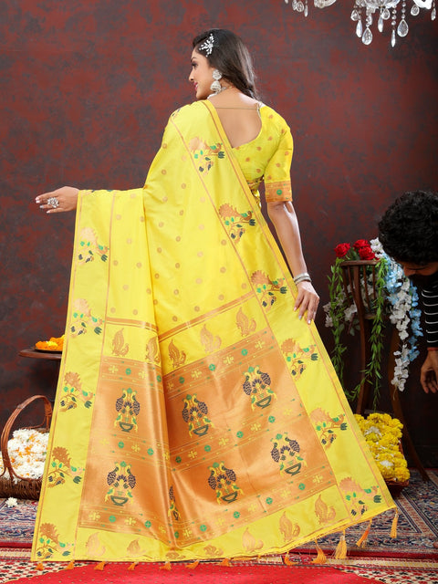 VastraLakshmi Epiphany Yellow Paithani Silk Saree With Allure Blouse Piece