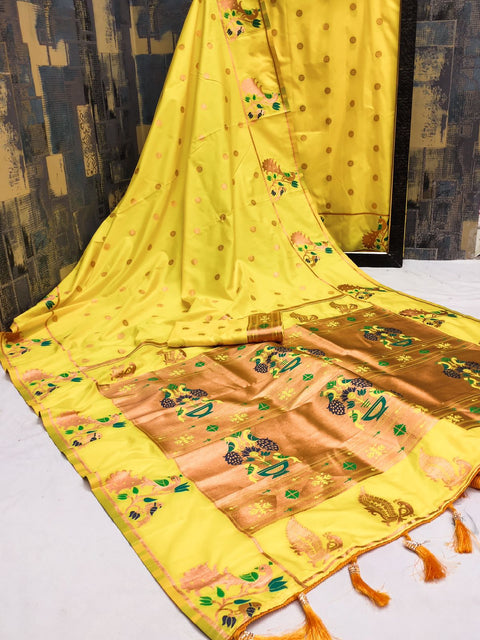 VastraLakshmi Epiphany Yellow Paithani Silk Saree With Allure Blouse Piece