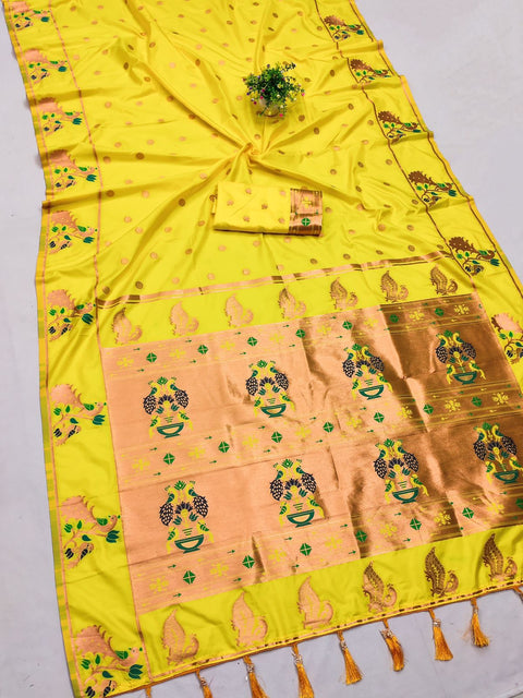 VastraLakshmi Epiphany Yellow Paithani Silk Saree With Allure Blouse Piece