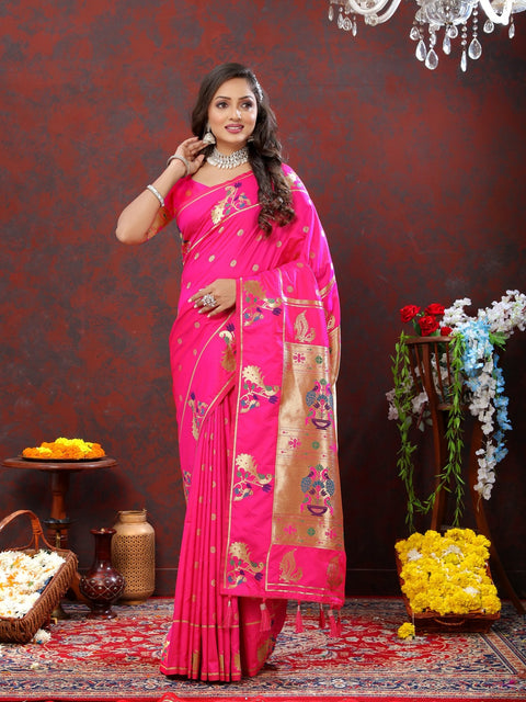 VastraLakshmi Sumptuous Dark Pink Paithani Silk Saree With Piquant Blouse Piece