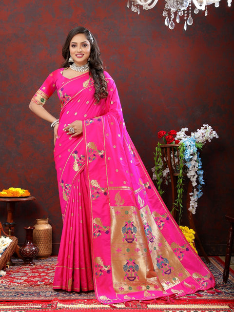 VastraLakshmi Sumptuous Dark Pink Paithani Silk Saree With Piquant Blouse Piece