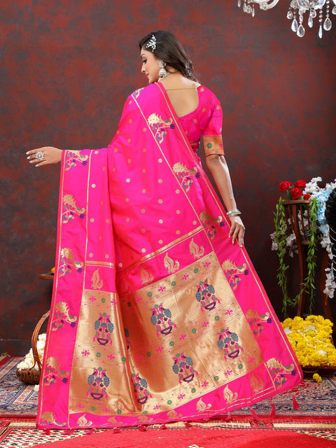 VastraLakshmi Sumptuous Dark Pink Paithani Silk Saree With Piquant Blouse Piece