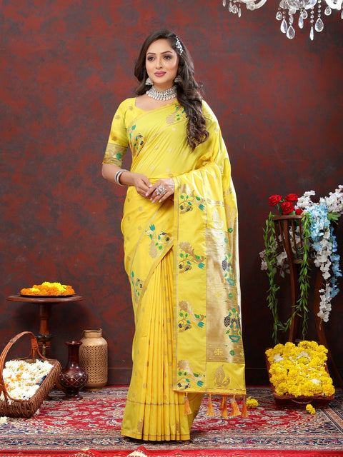 VastraLakshmi Sumptuous Lemon Paithani Silk Saree With Glamorous Blouse Piece