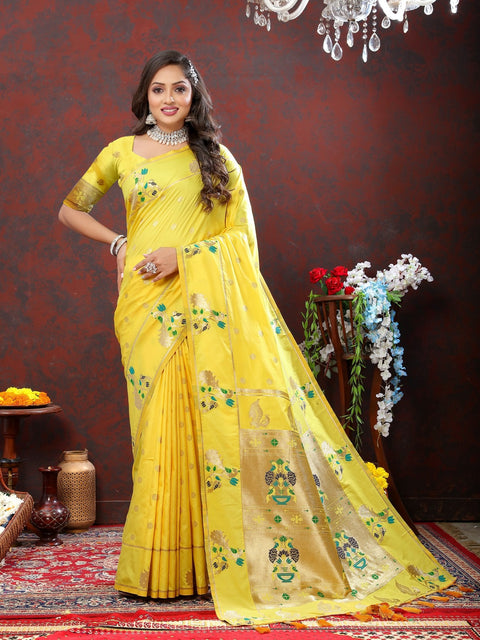 VastraLakshmi Sumptuous Lemon Paithani Silk Saree With Glamorous Blouse Piece