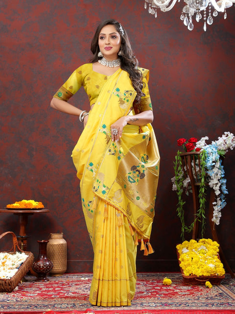 VastraLakshmi Sumptuous Lemon Paithani Silk Saree With Glamorous Blouse Piece