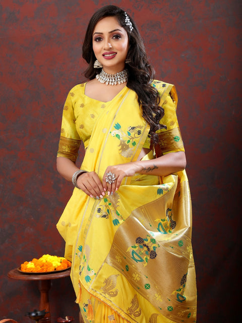 VastraLakshmi Sumptuous Lemon Paithani Silk Saree With Glamorous Blouse Piece