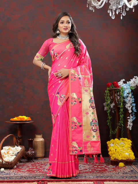 VastraLakshmi Exuberant Light Pink Paithani Silk Saree With Quixotic Blouse Piece