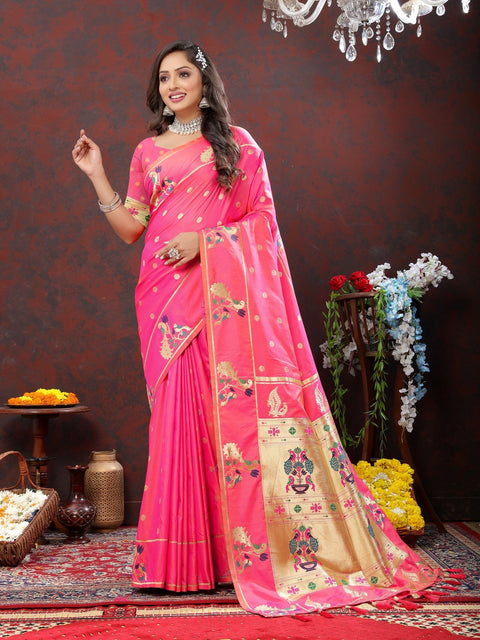 VastraLakshmi Exuberant Light Pink Paithani Silk Saree With Quixotic Blouse Piece