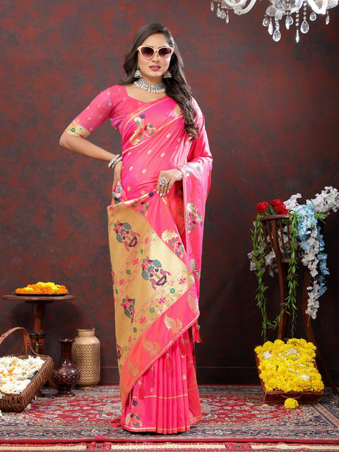 VastraLakshmi Exuberant Light Pink Paithani Silk Saree With Quixotic Blouse Piece