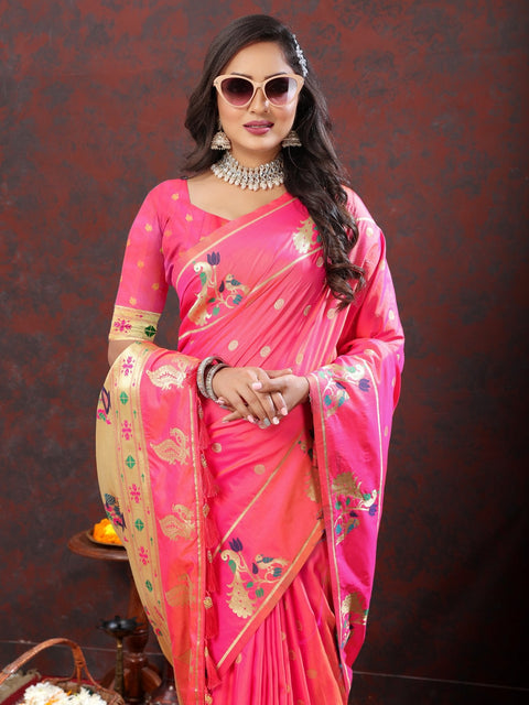 VastraLakshmi Exuberant Light Pink Paithani Silk Saree With Quixotic Blouse Piece