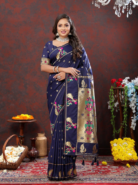 VastraLakshmi Elaborate Navy Blue Paithani Silk Saree With Quixotic Blouse Piece