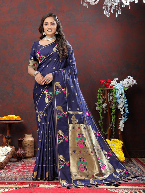 VastraLakshmi Elaborate Navy Blue Paithani Silk Saree With Quixotic Blouse Piece