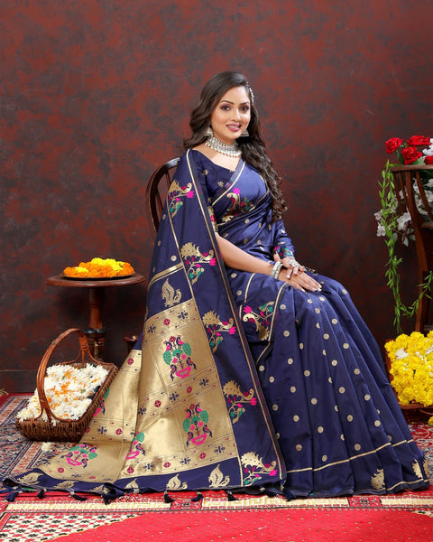 VastraLakshmi Elaborate Navy Blue Paithani Silk Saree With Quixotic Blouse Piece