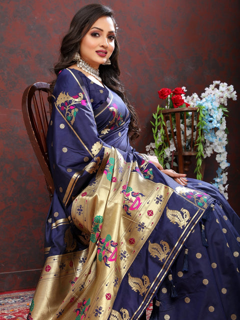 VastraLakshmi Elaborate Navy Blue Paithani Silk Saree With Quixotic Blouse Piece