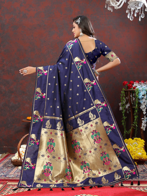 VastraLakshmi Elaborate Navy Blue Paithani Silk Saree With Quixotic Blouse Piece