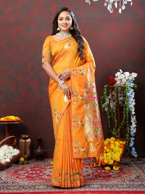 VastraLakshmi Improbable Orange Paithani Silk Saree With Verdant Blouse Piece