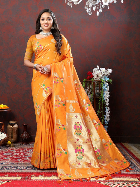 VastraLakshmi Improbable Orange Paithani Silk Saree With Verdant Blouse Piece