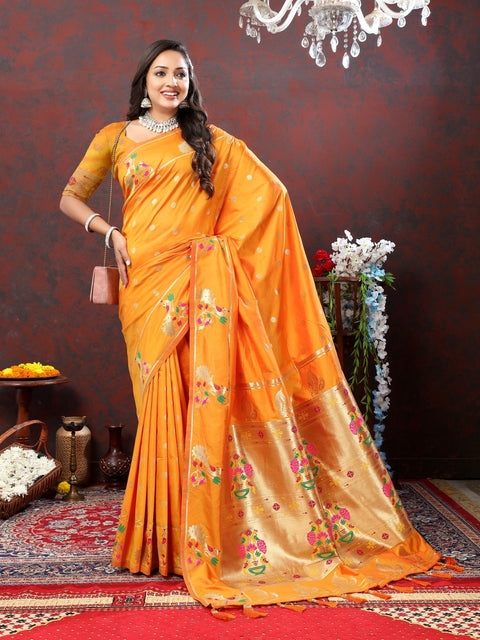 VastraLakshmi Improbable Orange Paithani Silk Saree With Verdant Blouse Piece