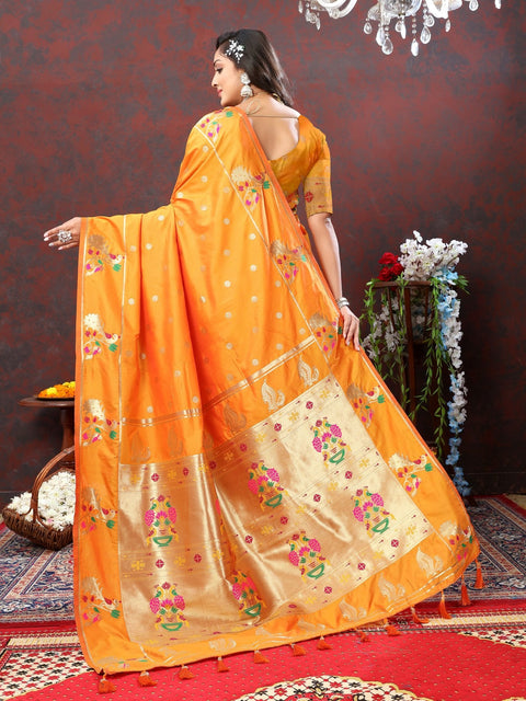 VastraLakshmi Improbable Orange Paithani Silk Saree With Verdant Blouse Piece