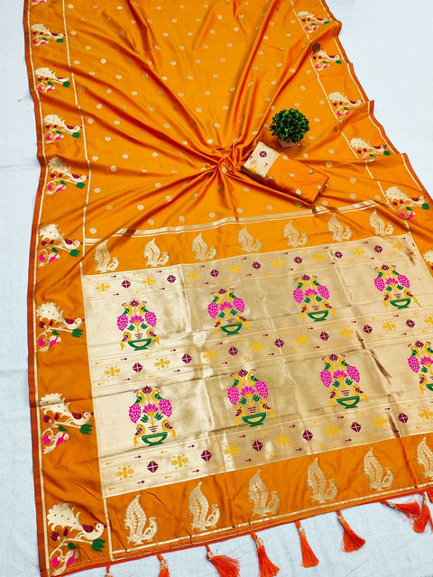 VastraLakshmi Improbable Orange Paithani Silk Saree With Verdant Blouse Piece