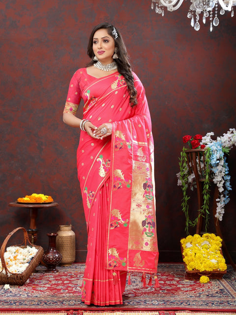 VastraLakshmi Magnificat Pink Paithani Silk Saree With Aplomb Blouse Piece