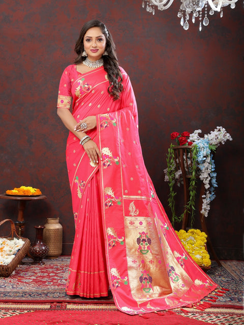 VastraLakshmi Magnificat Pink Paithani Silk Saree With Aplomb Blouse Piece