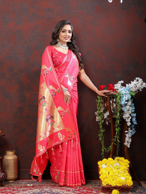 VastraLakshmi Magnificat Pink Paithani Silk Saree With Aplomb Blouse Piece