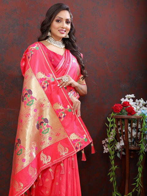 VastraLakshmi Magnificat Pink Paithani Silk Saree With Aplomb Blouse Piece