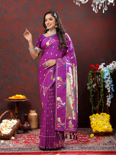 VastraLakshmi Prodigal Purple Paithani Silk Saree With Piquant Blouse Piece