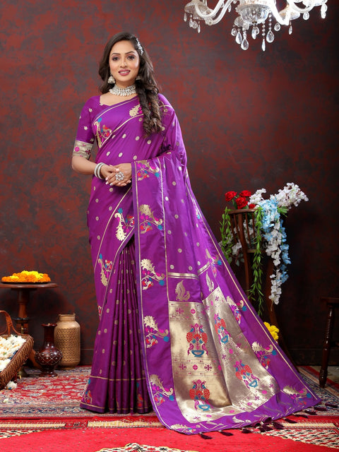 VastraLakshmi Prodigal Purple Paithani Silk Saree With Piquant Blouse Piece