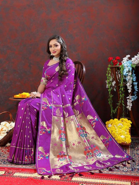 VastraLakshmi Prodigal Purple Paithani Silk Saree With Piquant Blouse Piece