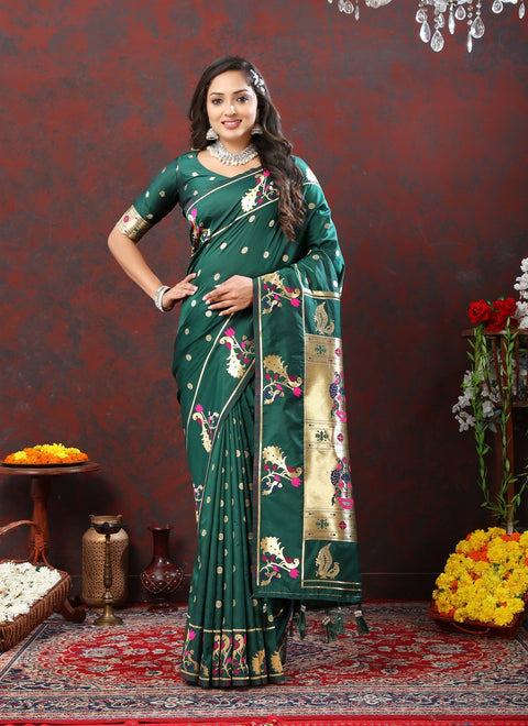 VastraLakshmi Luxuriant Rama Paithani Silk Saree With Opulent Blouse Piece